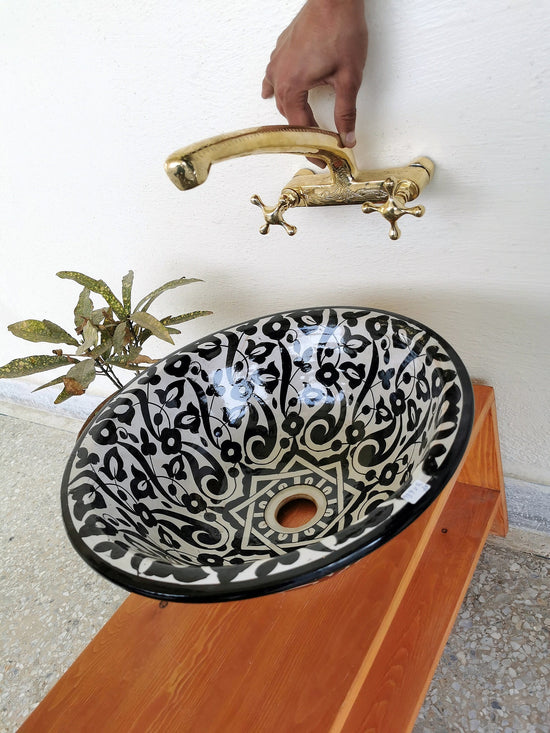 Basin Ceramic Sink + Unlacquered Brass Faucet , CUSTOM Vessel Ceramic Sink & Wall Mount Brass Faucet With Your measurements Remodel Bathroom