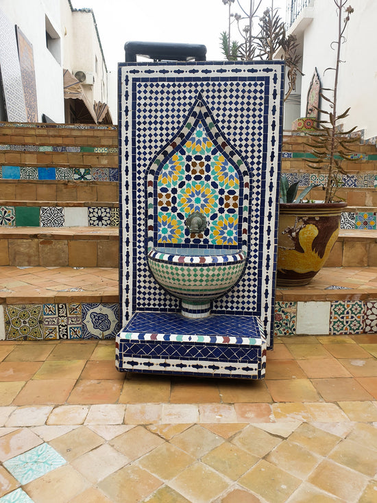 Fountain for garden,Moorish mosaic tile fountain Mosaic Artwork, water inside fountain, Moroccan Mosaic Fountain, terrace Indoor Decor.
