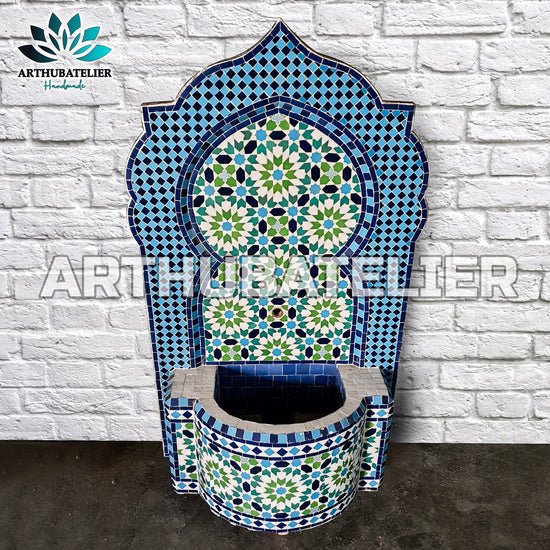 Fountain for garden ,Moorish mosaic tile fountain Mosaic Artwork, water inside fountain, Moroccan Mosaic Fountain, terrace Indoor Decor.