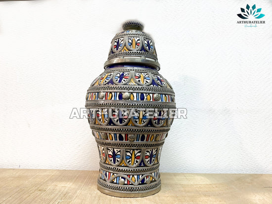 COSTUMIZABLE Pottery Jar, Ceramic adorned metal jar 100% handcrafted, Luxury jar, Ceramic art multicolor