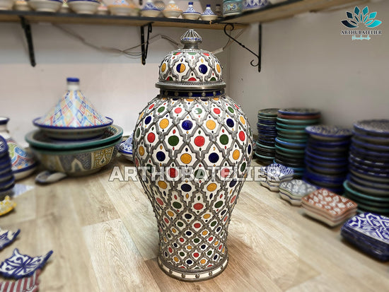 COSTUMIZABLE Pottery Jar, Ceramic adorned metal jar 100% handcrafted, Luxury jar, Ceramic art multicolor