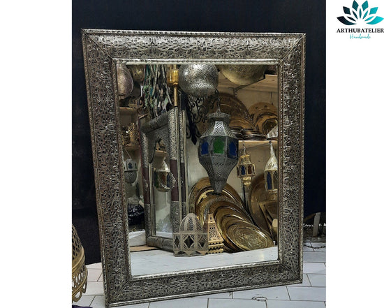 Moroccan large mirror engraved metal 100% handcrafted 87/72 cm, wall mirror, silver color . all size available please contact us