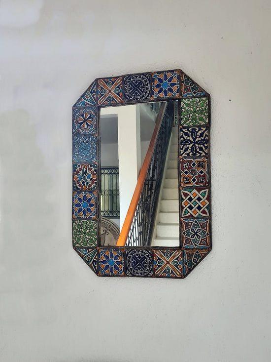 Ceramic Tiled Mirror Brass Frame with Ethnic Tiles Mirrors Wall Mirror Metal Framed Mirror Mosaic Tile Square Wall Art Rustic Decor