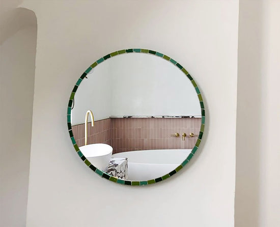 CUSTOMIZABLE Zellige Tiles Mirror, Emeraled Green 30mm Tiles - Natural 3 Shades Of Green Zellige Mosaic Tiles - Round Bathroom Wall Mirror 2nd Color
