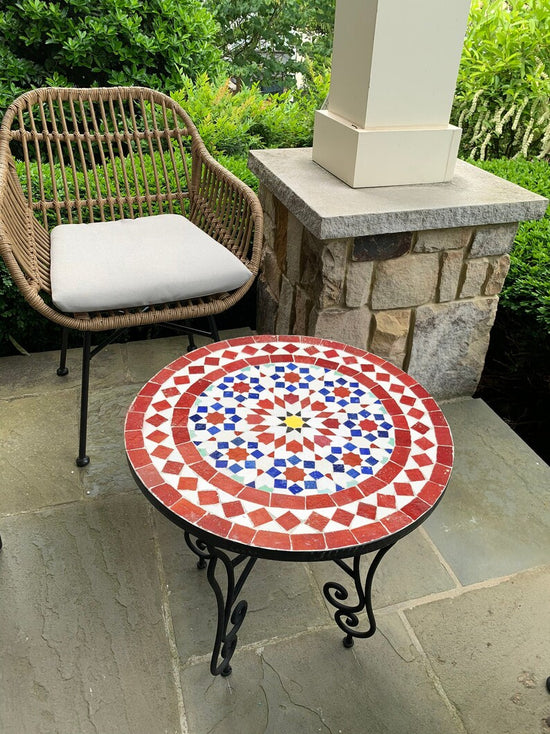 Mosaic Patio Table - Red & Blue Zellige Table - Custom Your Height - Mid Century Design - Handmade Coffee Table For Outdoor and Indoor