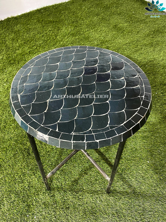 Mosaic table Coal Black Terracotta for outdoor and indoor Round 100% handcrafted Moroccan tiles, CUSTOMIZABLE colors and Pattern