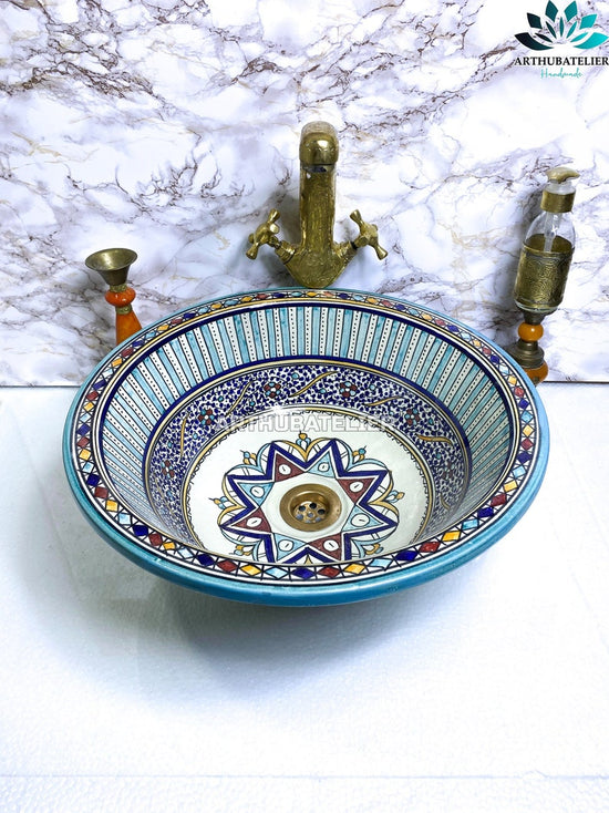Round Ceramic Washbasin, Countertop sink Bathroom Built with mid-century modern styling, vessel ceramic sink hand painted