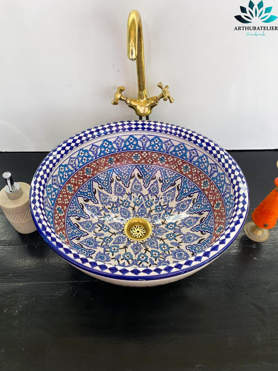 Bathroom vessel sink made from ceramic 100% handmade hand painted, ceramic sink built with mid century modern styling
