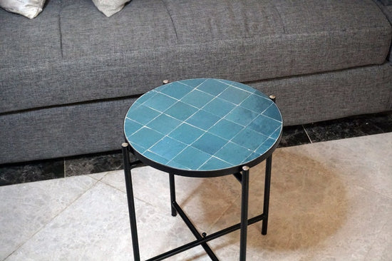 Teal Blue Mosaic Table - Custom Your Height and Colors - Mid Century Modern Patio Table - Handmade Coffee Table For Outdoor & Indoor