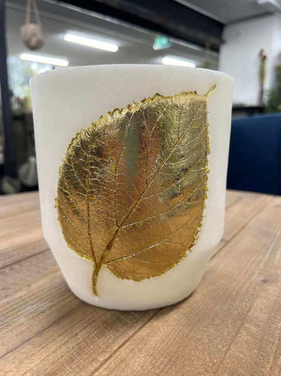 White Marble Finish Vase with Gold Leaf Nourish