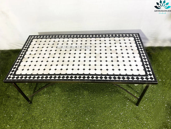 coffee table made from mosaic tiles 100% handmade with white and black colors for outdoor and indoor built with mid century modern styling.