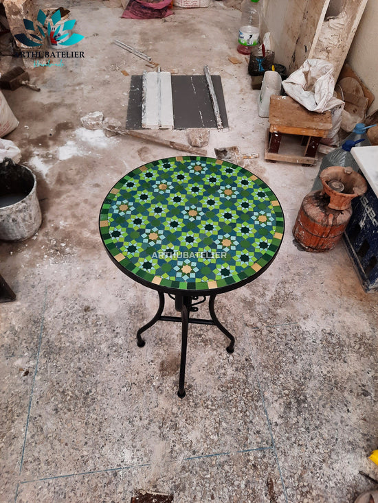 Mosaic Table green and Gold colors , outdoor-indoor coffee Table Gold, 100% handcrafted, round mosaic Table , Moroccan luxury table decor