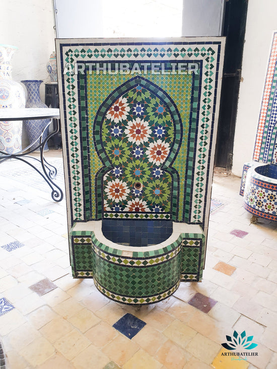 Fountain with mosaic ,Moorish mosaic tile fountain Mosaic Artwork, water inside fountain, Moroccan Mosaic Fountain, terrace Indoor Decor.