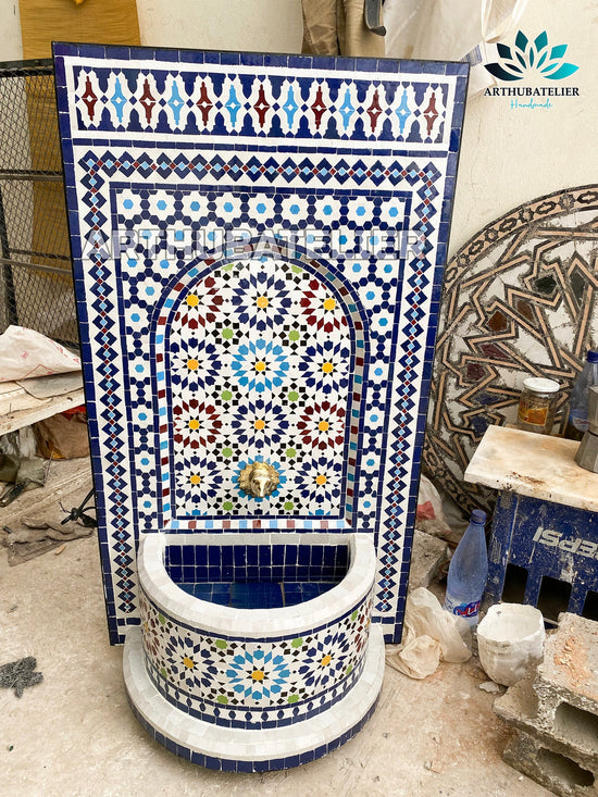 Fountain with mosaic ,Moorish mosaic tile fountain Mosaic Artwork, water inside fountain, Moroccan Mosaic Fountain, terrace Indoor Decor.