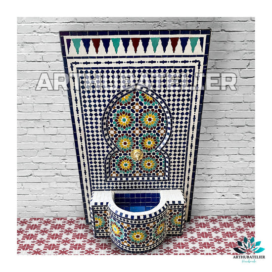 Fountain with mosaic ,Moorish mosaic tile fountain Mosaic Artwork, water inside fountain, Moroccan Mosaic Fountain, terrace Indoor Decor.