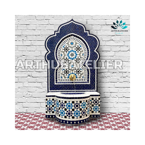 Fountain with mosaic ,Moorish mosaic tile fountain Mosaic Artwork, water inside fountain, Moroccan Mosaic Fountain, terrace Indoor Decor.