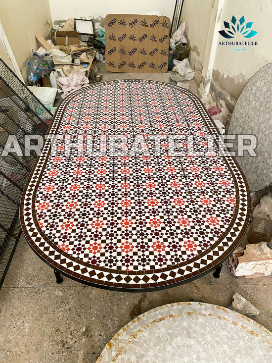 dinning large Table 76"X43" made from mosaic tiles, Oval Dining table 100% handmade Built with mid-century modern styling