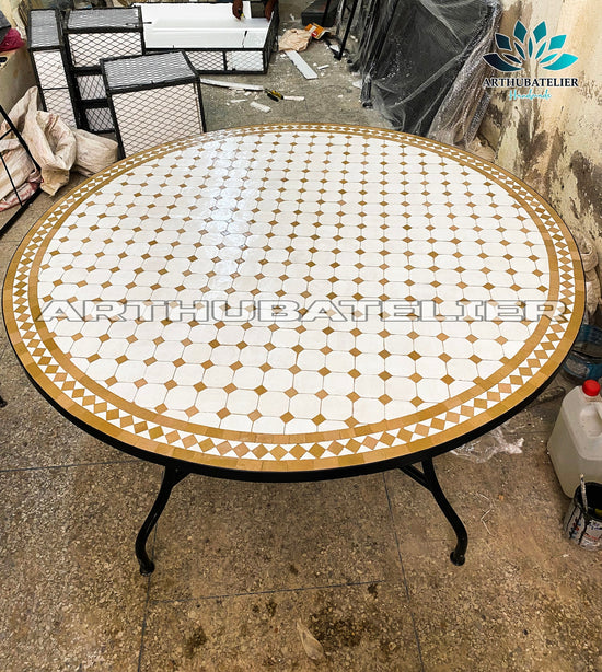 Mosaic Table, Table mosaic outdoor-indoor coffee , 100% handcrafted, round white mosaic Table , Moroccan luxury table decor