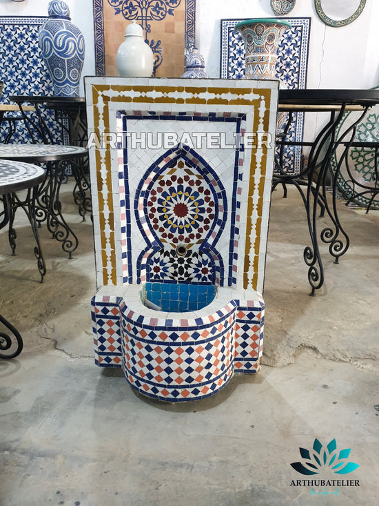 Fountain with mosaic ,Moorish mosaic tile fountain Mosaic Artwork, water inside fountain, Moroccan Mosaic Fountain, terrace Indoor Decor.