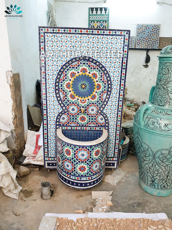 Fountain with mosaic ,Moorish mosaic tile fountain Mosaic Artwork, water inside fountain, Moroccan Mosaic Fountain, terrace Indoor Decor.