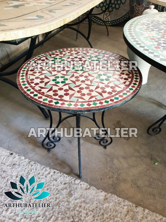 Mosaic round Table red and green for outdoor-indoor, coffee Table 100% handcrafted