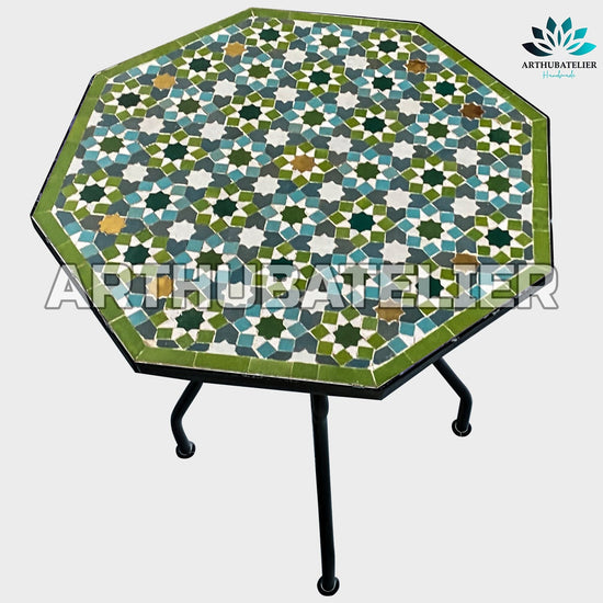 coffee table made from mosaic with Gold and green colors it work for outdoor