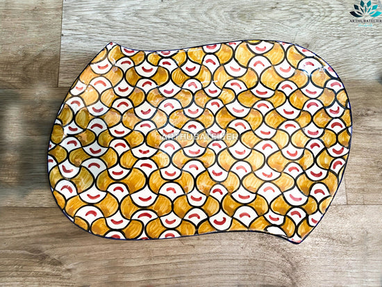 Ceramic Plate yellow for serving and for Decorative Wall Hanging 100% handmade and hand painted 16"X11", Dinnerware sets plats