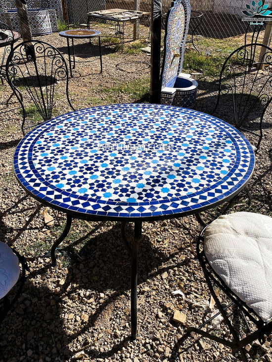 Mosaic table blue and white round for outdoor and indoor 100% handcrafted mandala design