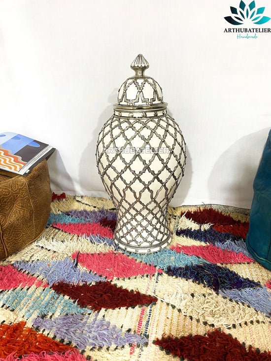 Pottery Jar, white glazed Ceramic adorned metal jar 100% handcrafted, Luxury Jar Built with mid-century modern styling,