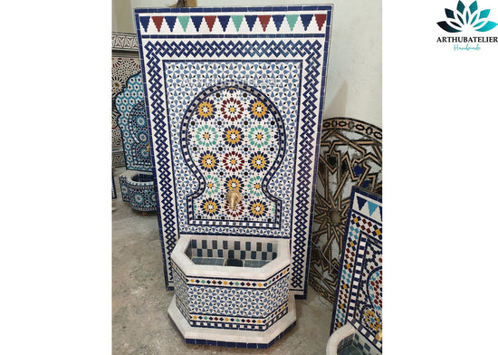 Fountain for garden ,Moorish mosaic tile fountain Mosaic Artwork, water inside fountain, Moroccan Mosaic Fountain, terrace Indoor Decor.