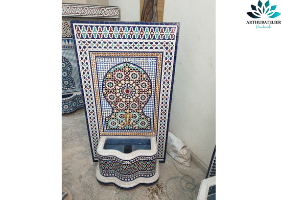 Fountain for garden ,Moorish mosaic tile fountain Mosaic Artwork, water inside fountain, Moroccan Mosaic Fountain, terrace Indoor Decor.