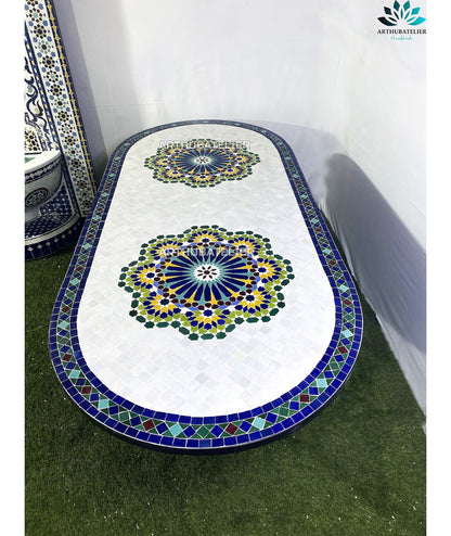 Dinning Table large 75" X 40" oval for indoor and outdoor made from Mosaic tiles, Moroccan Mosaic Table 100% handmade