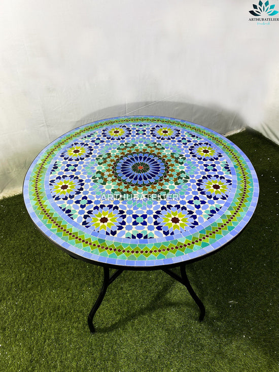 Dinning table 40" for outdoor and indoor made from mosaic tiles 100% handmade. Mandala Built with mid-century modern styling