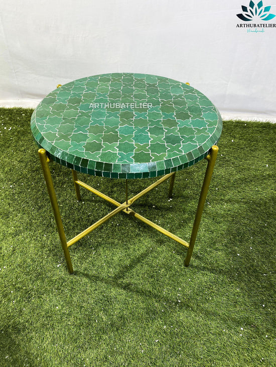 coffee table green made from mosaic for outdoor-indoor 100% handcrafted Moroccan tiles round , Mid century Mosaic coffee table .