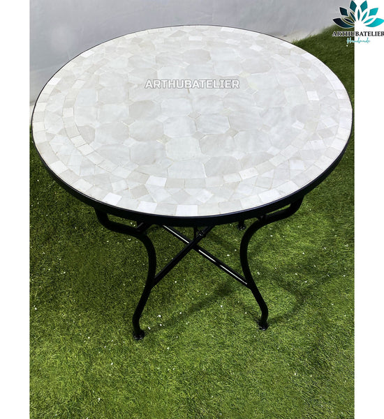 Coffee Table white mosaic for outdoor/indoor 100% handmade, Round Moroccan table Made from tiles and mosaic