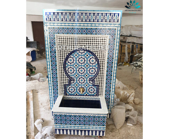 Moroccan mosaic fountain ,Moorish mosaic tile fountain Mosaic , water inside fountain, Moroccan Mosaic Fountain, terrace Indoor Decor.