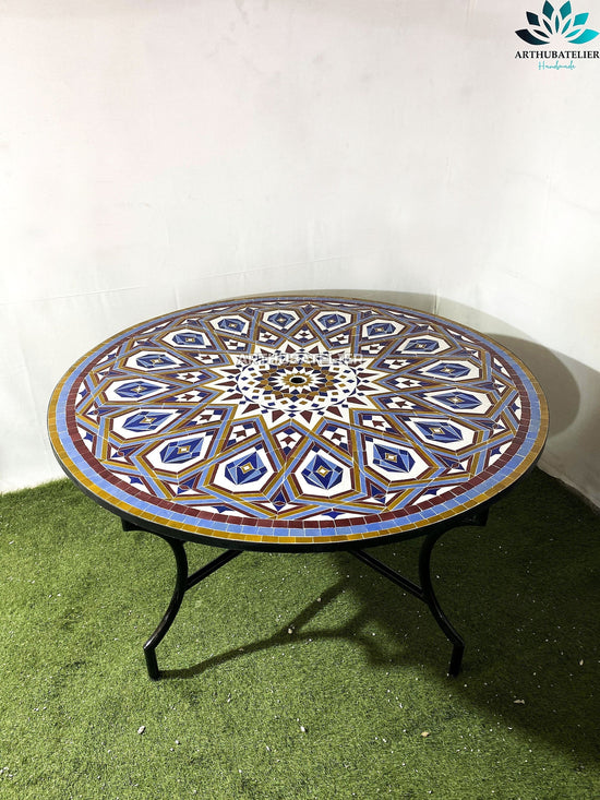 Large mosaic dining table round for outdoor and indoor, umbrella mosaic table 100% handcrafted mandala design