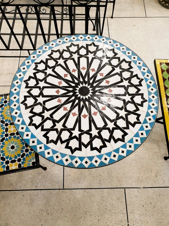 Cocktail Mosaic table for outdoor/indoor Round 100% Handcrafted with clear blue and black colors tiles