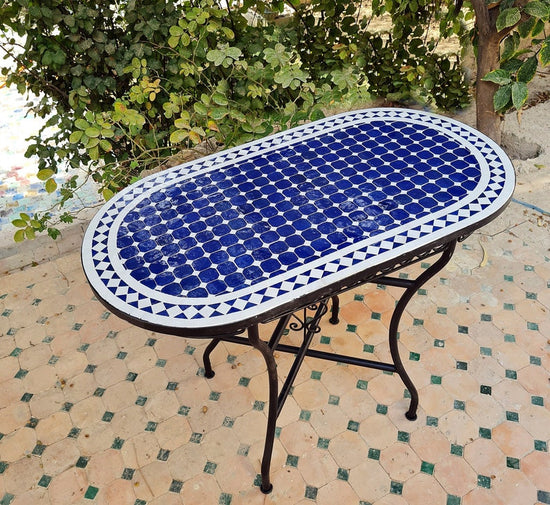 CUSTOMIZABLE Oval Mosaic Table - Crafts Mosaic Table - Blue and White Mid Century Zellije Table - Dining Table For Outdoor & Indoor - GIFT 2nd Colour