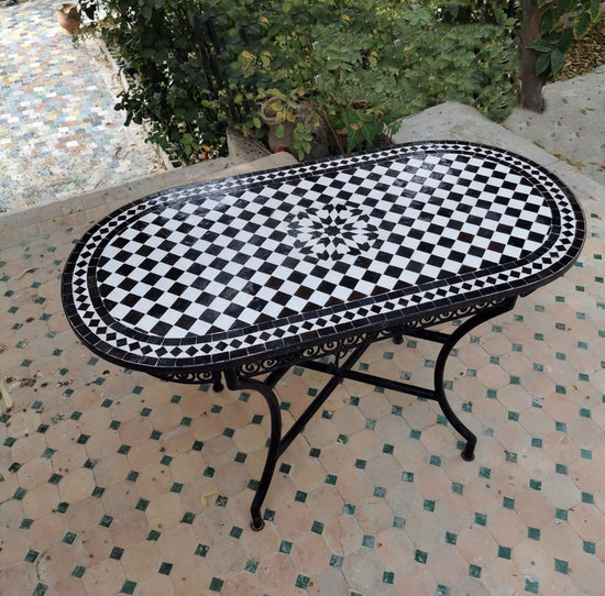 CUSTOMIZABLE Oval Mosaic Table - Crafts Mosaic Table - Black and White Mid Century Zellije Table - Dinin Table For Outdoor & Indoor - GIFT