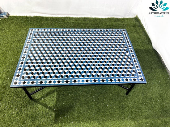 patio table green made from mosaic 3D tiles 100 % handmade Moroccan for outdoor-indoor Built with mid-century modern styling
