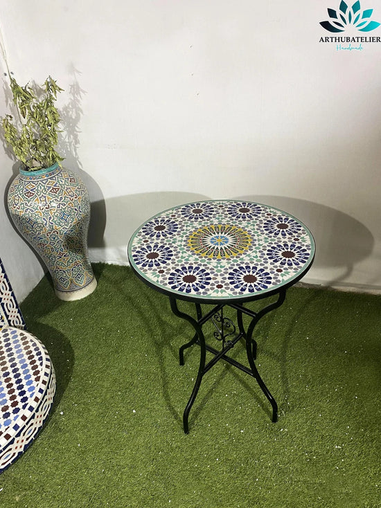 Mosaic table 100% handcrafted Moroccan tiles for outdoor and indoor Round, CUSTOMIZABLE colors and Pattern, Mid century Mosaic crafts